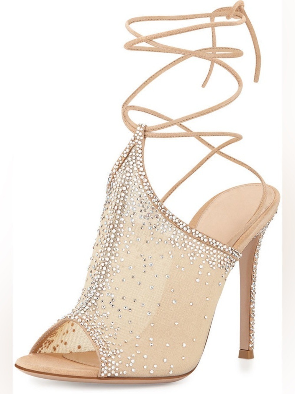 Le Chateau Crystal Beaded Nude Lace-Up Stiletto Sandal